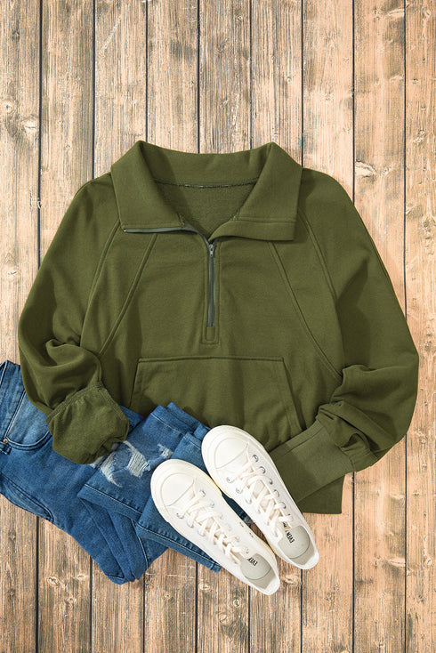 Quarter Zip Raglan Sleeve Kangaroo Pocket Sweatshirt