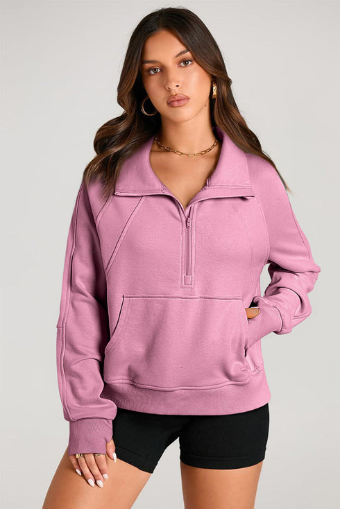 Quarter Zip Raglan Sleeve Kangaroo Pocket Sweatshirt