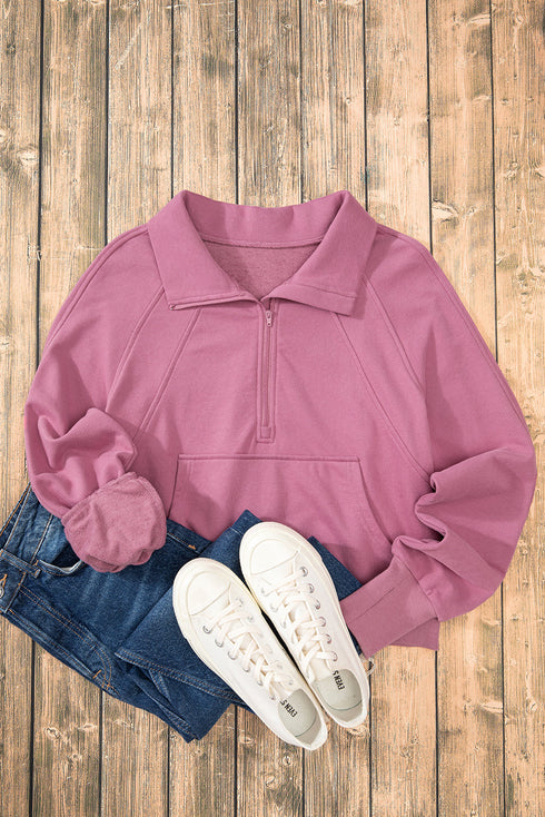 Quarter Zip Raglan Sleeve Kangaroo Pocket Sweatshirt