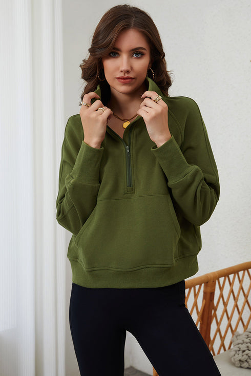 Quarter Zip Stand Neck Kangaroo Pocket Sweatshirt