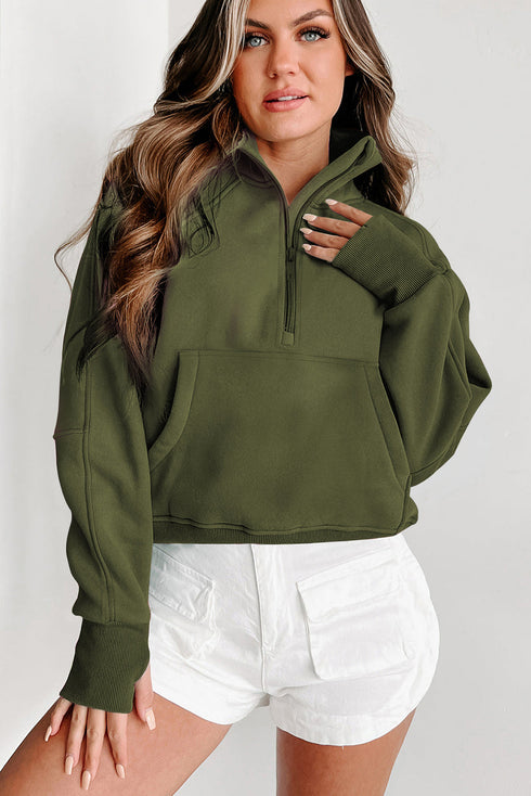 Quarter Zip Stand Neck Kangaroo Pocket Sweatshirt