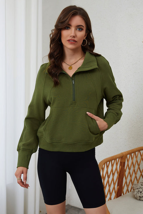 Quarter Zip Stand Neck Kangaroo Pocket Sweatshirt