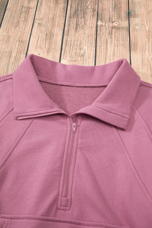 Quarter Zip Stand Neck Kangaroo Pocket Sweatshirt