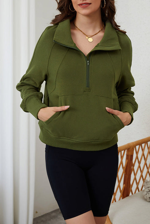 Quarter Zip Stand Neck Kangaroo Pocket Sweatshirt