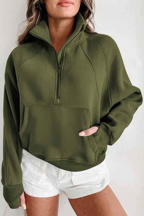 Quarter Zip Stand Neck Kangaroo Pocket Sweatshirt