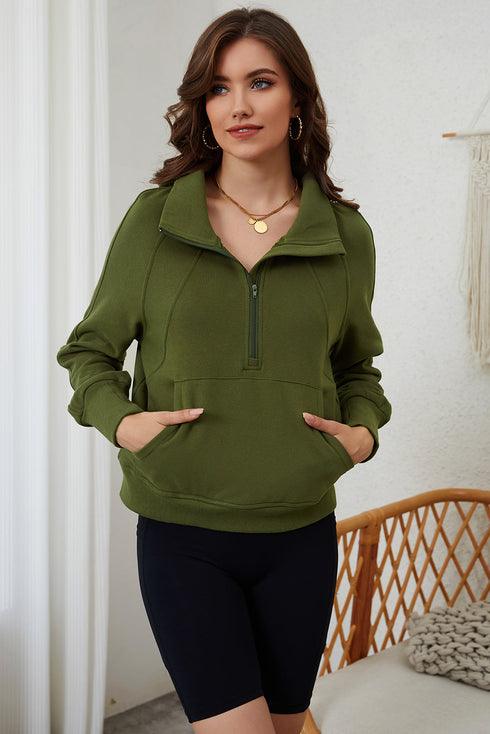 Quarter Zip Stand Neck Kangaroo Pocket Sweatshirt