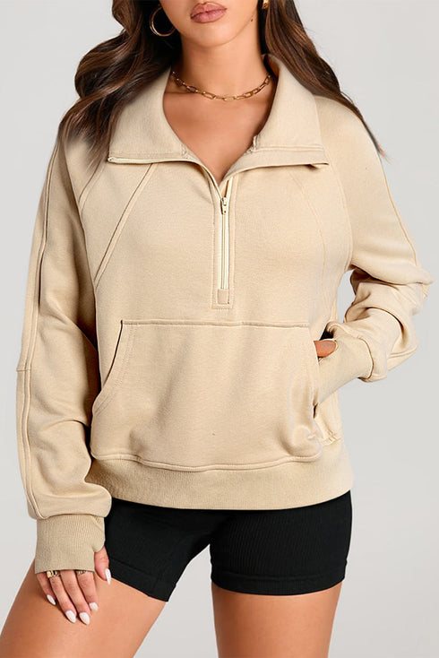 Quarter Zip Stand Neck Kangaroo Pocket Sweatshirt