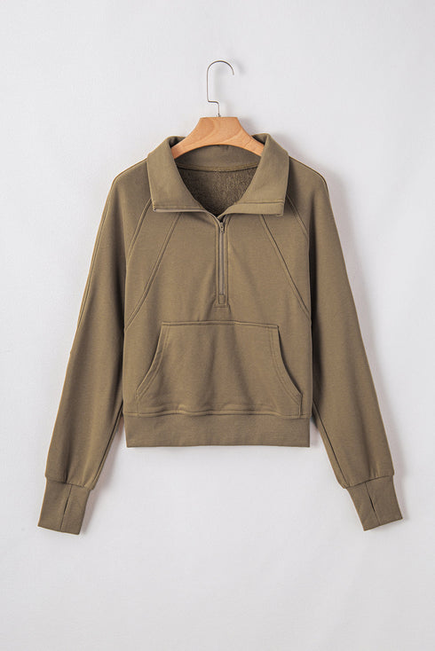Quarter Zip Stand Neck Kangaroo Pocket Sweatshirt