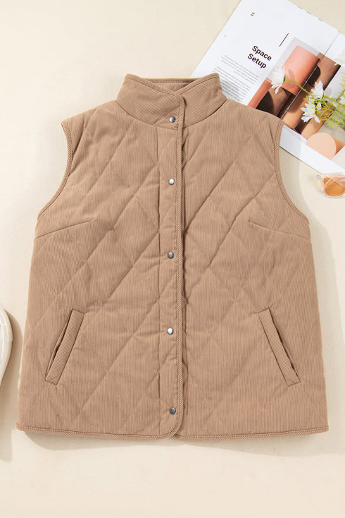 Quilted Corduroy Snap Front Stand Collar Vest Plus Size Outerwear