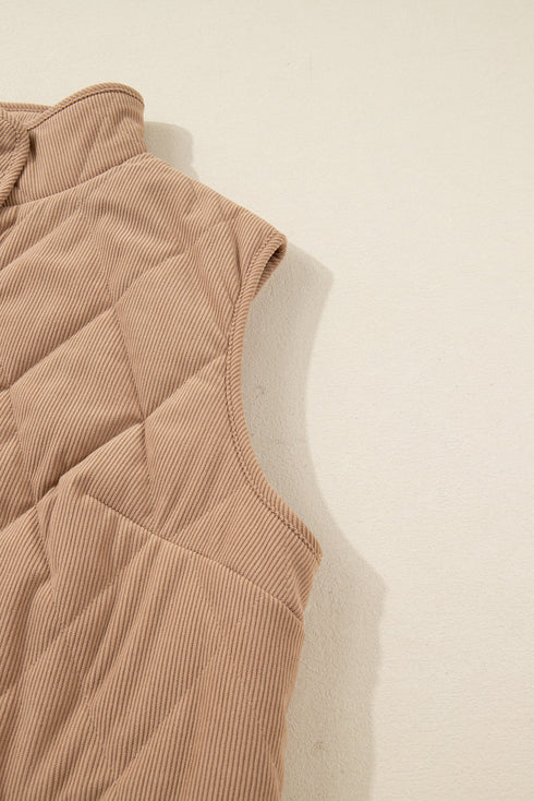 Quilted Corduroy Snap Front Stand Collar Vest Plus Size Outerwear