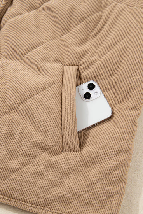 Quilted Corduroy Snap Front Stand Collar Vest Plus Size Outerwear