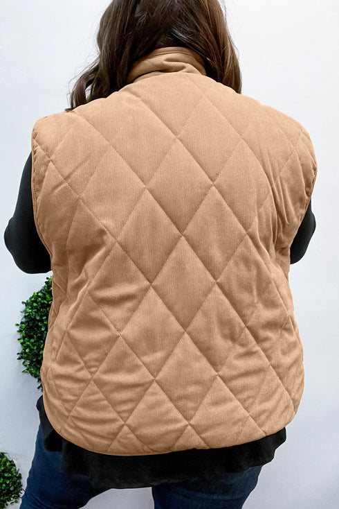 Quilted Corduroy Snap Front Stand Collar Vest Plus Size Outerwear