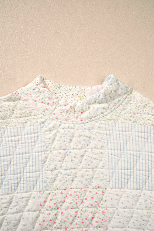 Quilted Floral Patchwork Mock Neck Long Sleeve Top