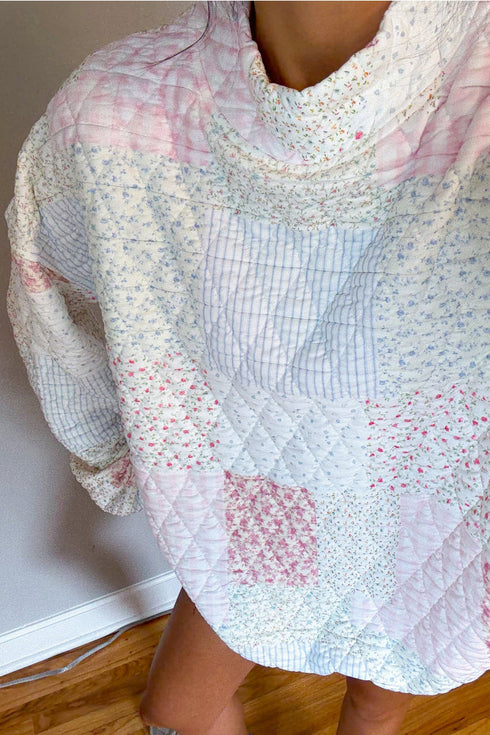 Quilted Floral Patchwork Mock Neck Long Sleeve Top