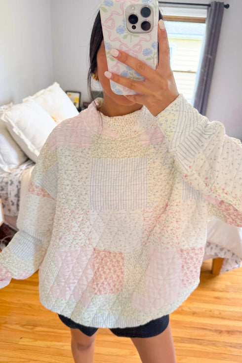 Quilted Floral Patchwork Mock Neck Long Sleeve Top