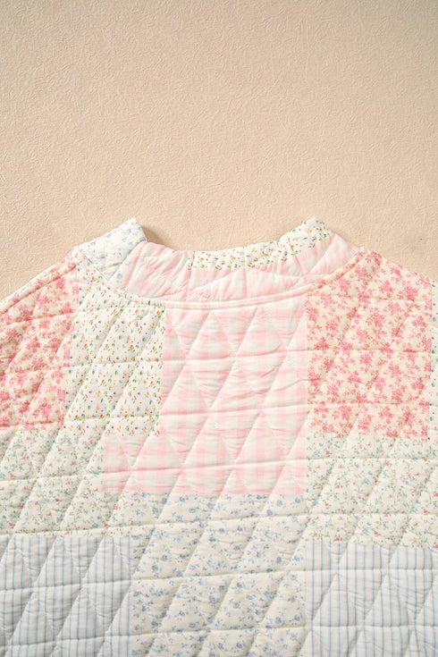 Quilted Floral Patchwork Mock Neck Long Sleeve Top