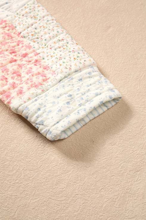 Quilted Floral Patchwork Mock Neck Long Sleeve Top