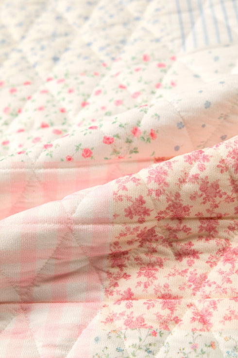 Quilted Floral Patchwork Mock Neck Long Sleeve Top
