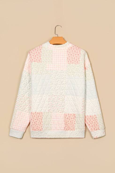 Quilted Floral Patchwork Mock Neck Long Sleeve Top