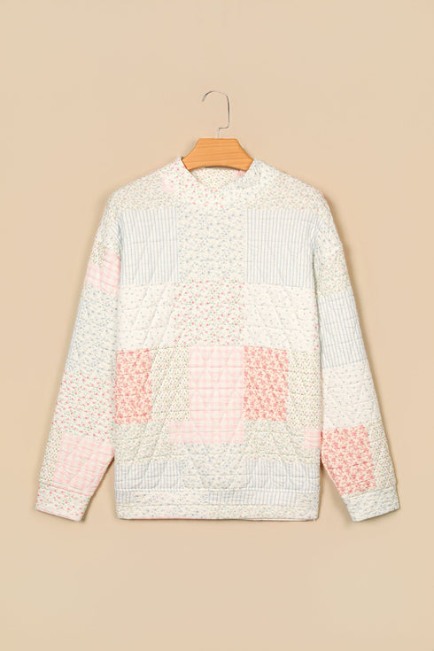 Quilted Floral Patchwork Mock Neck Long Sleeve Top