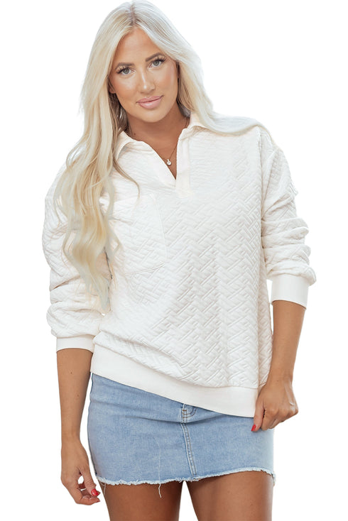 Quilted Geometric Texture Collared Long Sleeve Pullover