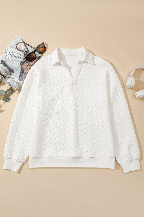 Quilted Geometric Texture Collared Long Sleeve Pullover