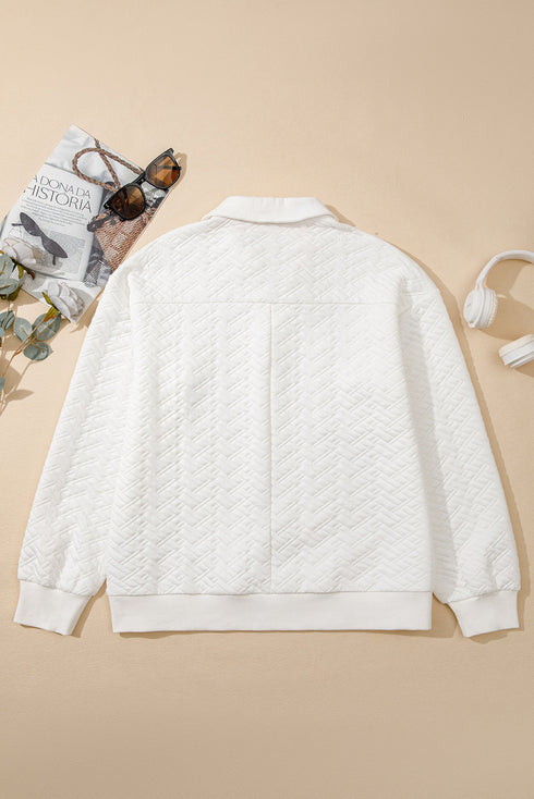 Quilted Geometric Texture Collared Long Sleeve Pullover