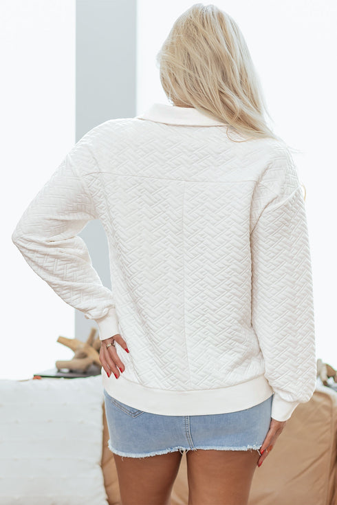 Quilted Geometric Texture Collared Long Sleeve Pullover