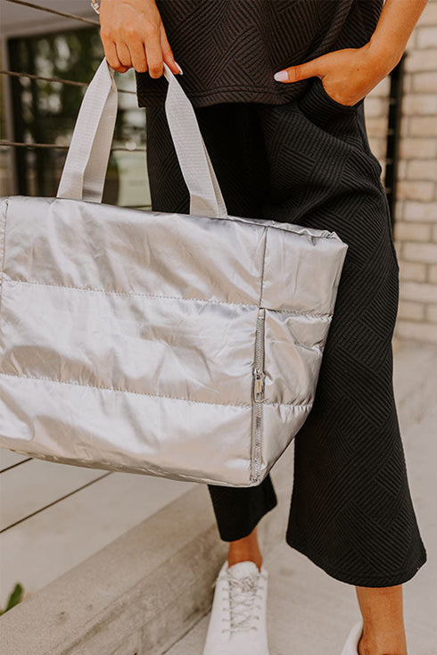 Quilted Nylon Puffer Shoulder Tote With Zipper Closure