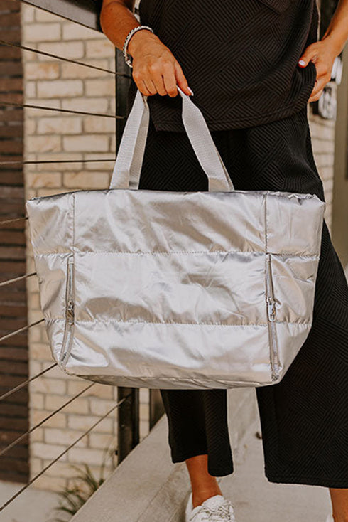 Quilted Nylon Puffer Shoulder Tote With Zipper Closure