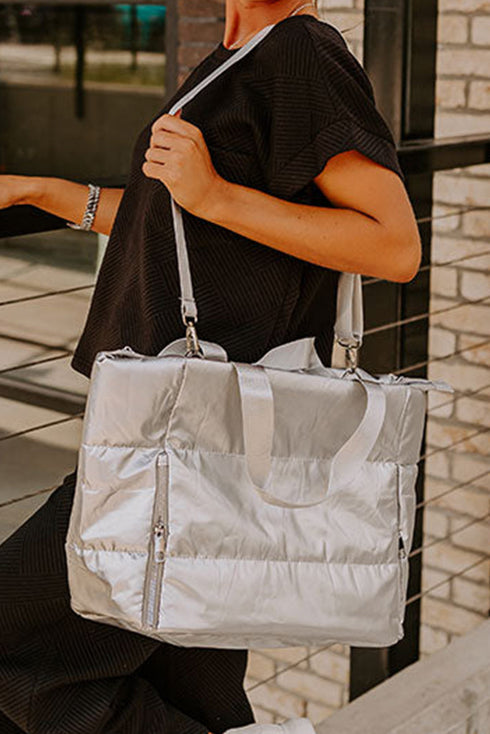 Quilted Nylon Puffer Shoulder Tote With Zipper Closure