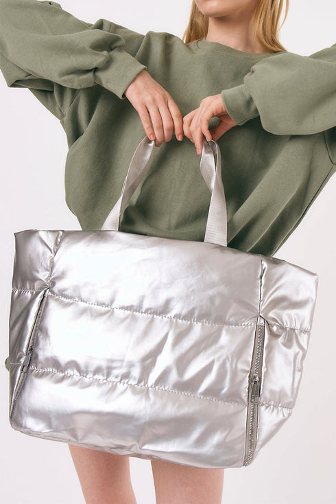 Quilted Nylon Puffer Shoulder Tote With Zipper Closure