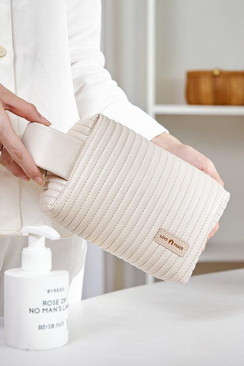 Quilted PU Leather Round Zip Handle Makeup Bag