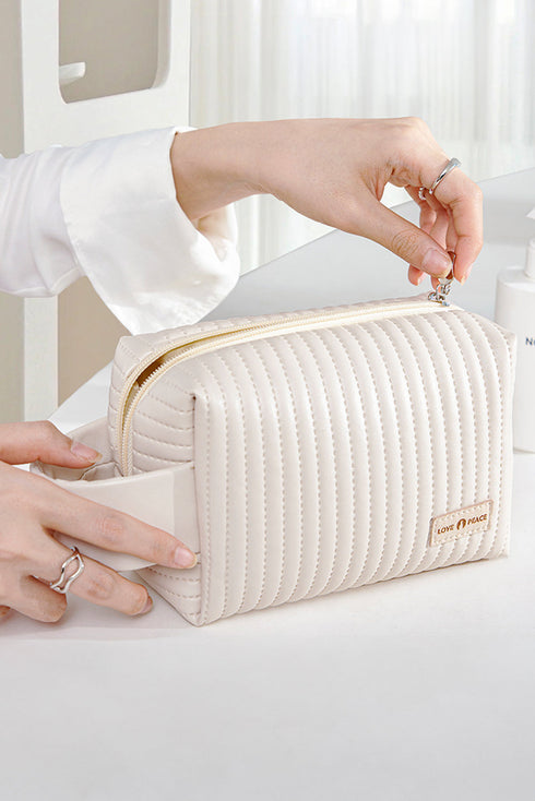 Quilted PU Leather Round Zip Handle Makeup Bag