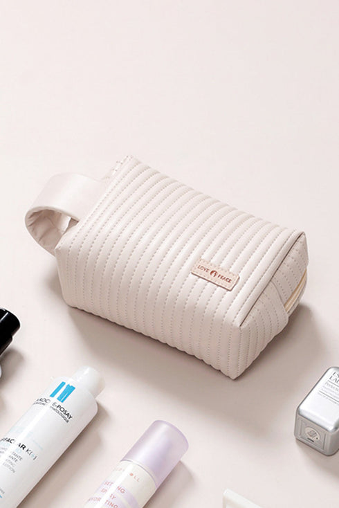 Quilted PU Leather Round Zip Handle Makeup Bag