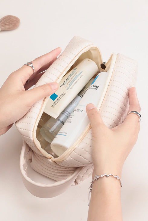 Quilted PU Leather Round Zip Handle Makeup Bag