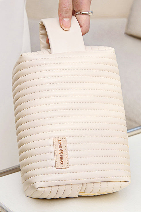 Quilted PU Leather Round Zip Handle Makeup Bag