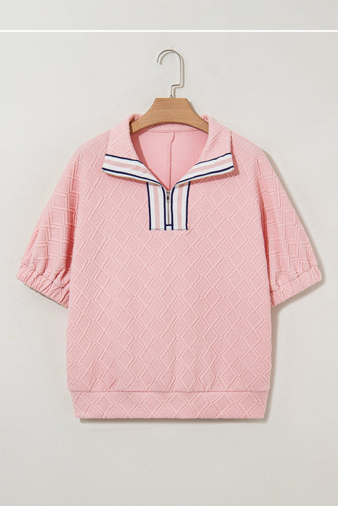 Quilted Texture Short Sleeve Half Zip Pullover