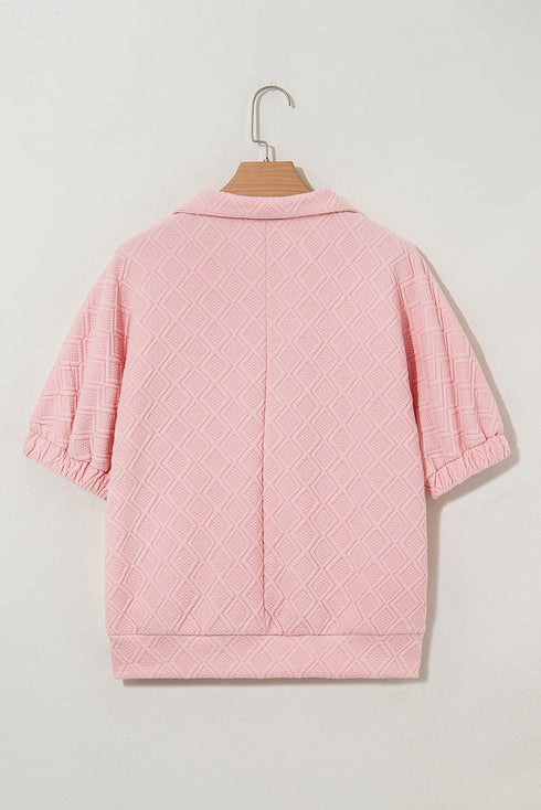 Quilted Texture Short Sleeve Half Zip Pullover