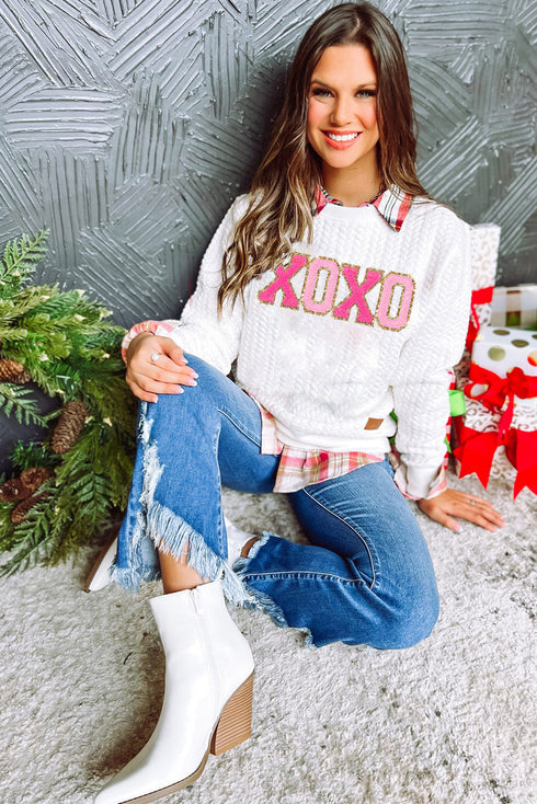 Quilted Texture XOXO Graphic Print Crew Neck Pullover Sweatshirt