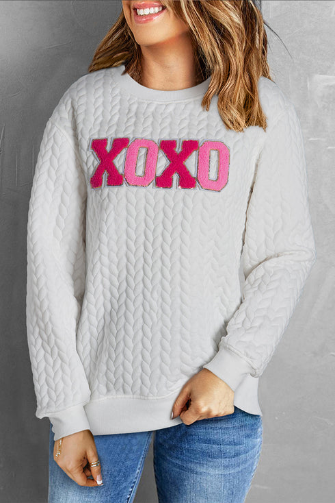 Quilted Texture XOXO Graphic Print Crew Neck Pullover Sweatshirt