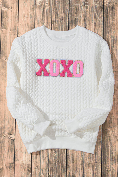 Quilted Texture XOXO Graphic Print Crew Neck Pullover Sweatshirt