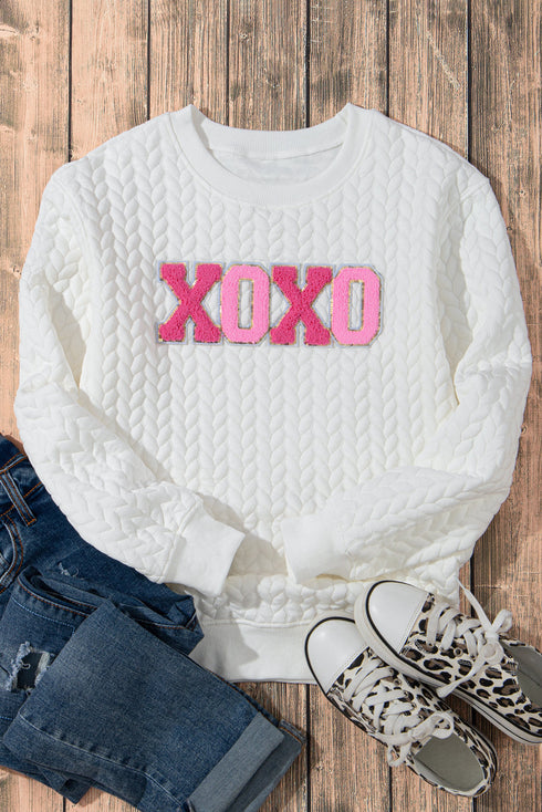 Quilted Texture XOXO Graphic Print Crew Neck Pullover Sweatshirt