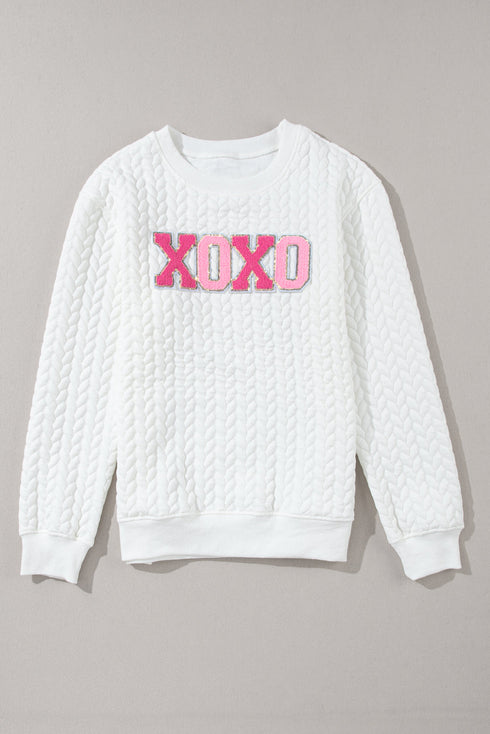 Quilted Texture XOXO Graphic Print Crew Neck Pullover Sweatshirt