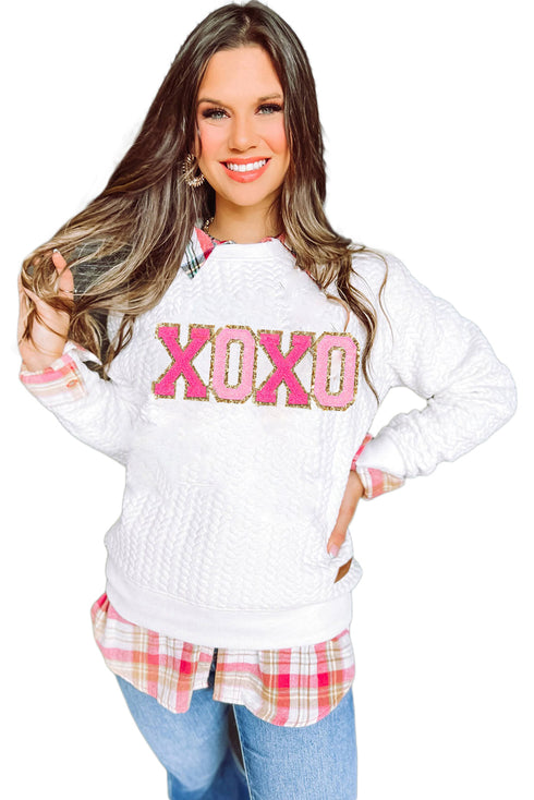 Quilted Texture XOXO Graphic Print Crew Neck Pullover Sweatshirt
