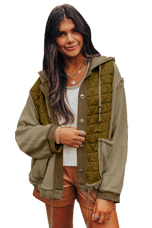 Quilted Textured Patchwork Loose Fit Hooded Jacket