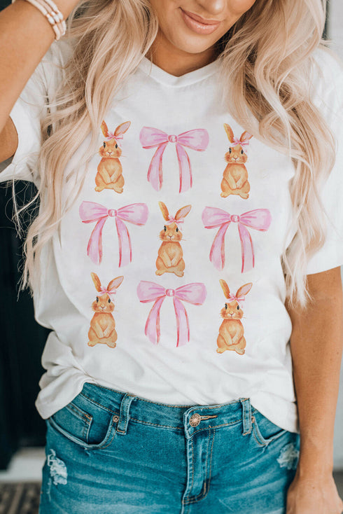 Rabbit Bow Knot Graphic Crew Neck Tee
