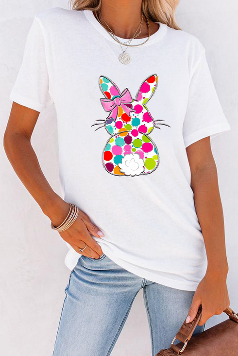 Rabbit Graphic Polka Dot Bow Crew Neck Tee