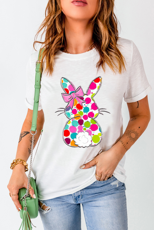 Rabbit Graphic Polka Dot Bow Crew Neck Tee