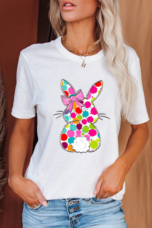 Rabbit Graphic Polka Dot Bow Crew Neck Tee